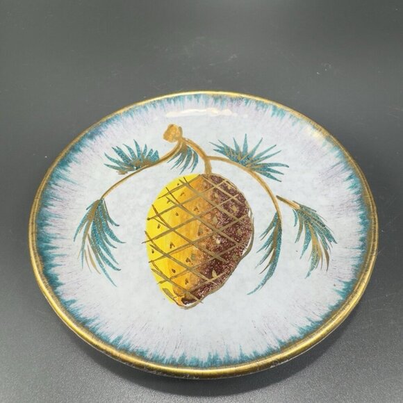 Vintage Italian Pottery 5inch Round Dish Plate With Pine Tree Acorn Italy VTG - Picture 6 of 11